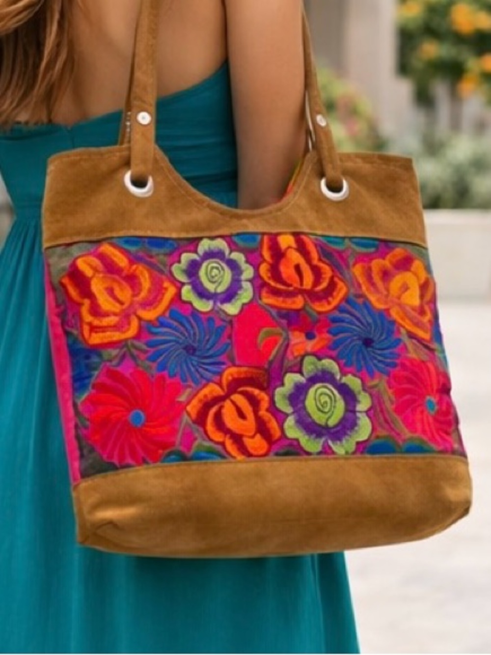 Mexican embroidered Tote Bag, Floral Tote Bag, Tote Bag with back pockets.